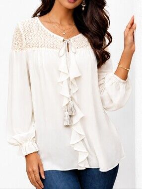 Boho Ivory Lace Yoke Peasant Blouse Tassel Tie Long Sleeve Size L Romantic Flowy